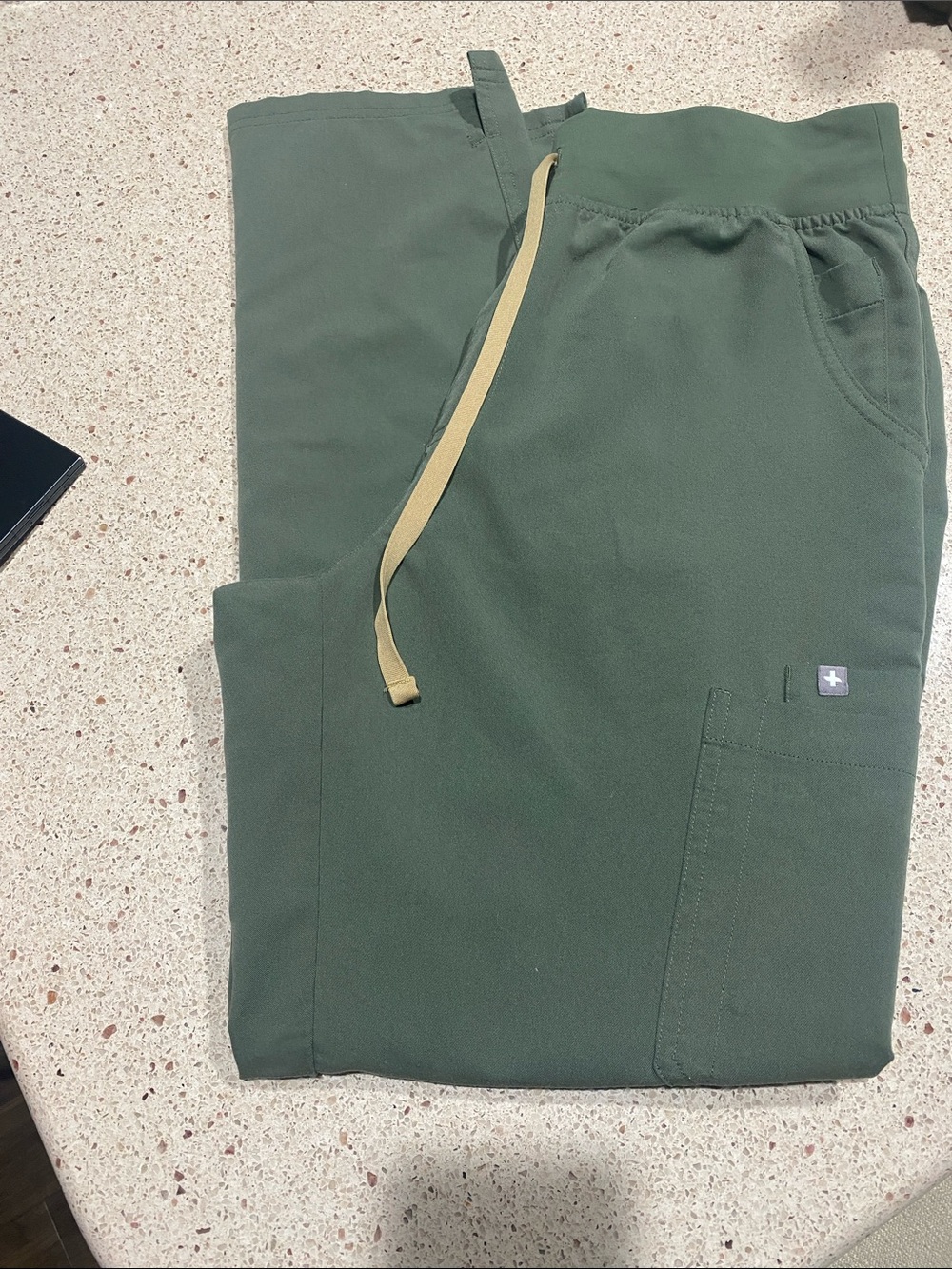 Figs Olive Green Jogger Scrubs with Tan Drawstring